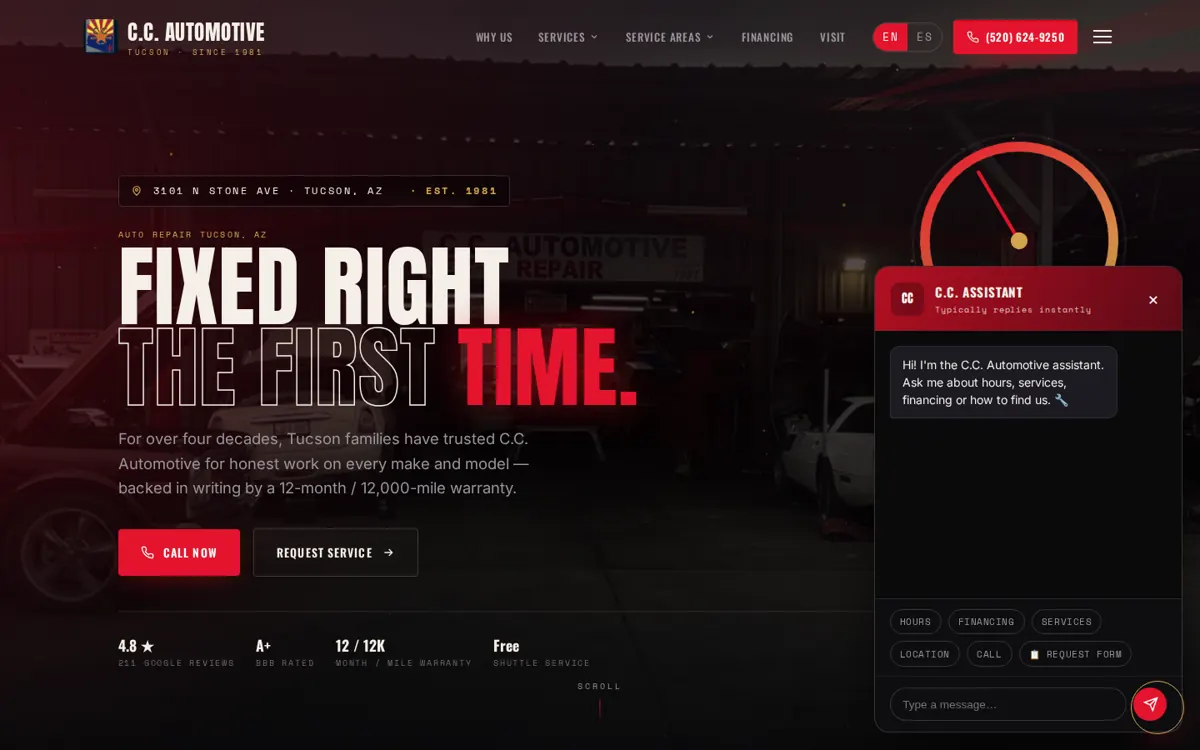 C.C. Automotive Tucson website with AI chat assistant open