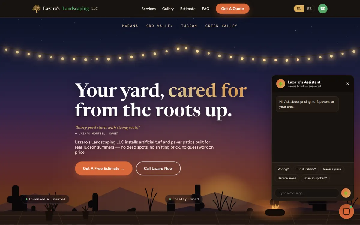 Lazaro's Landscaping Tucson website with bilingual AI chat assistant