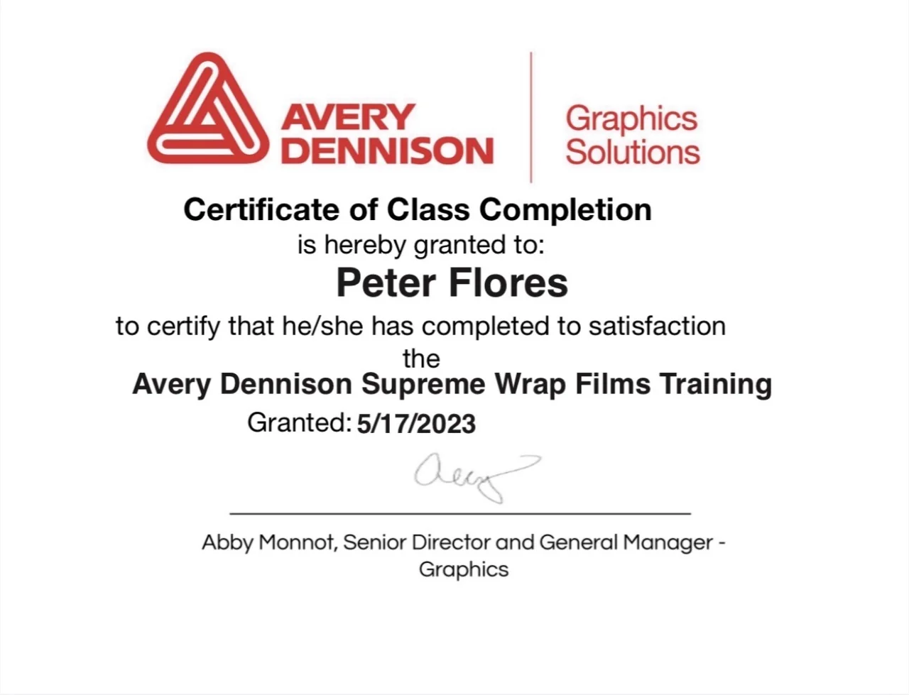 Avery Dennison Supreme Wrap Films Training certificate of class completion, Peter Flores, May 17, 2023