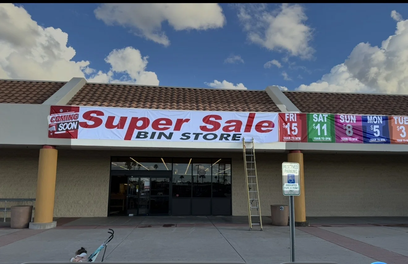 Storefront banner for Bin Store Super Sale in Tucson