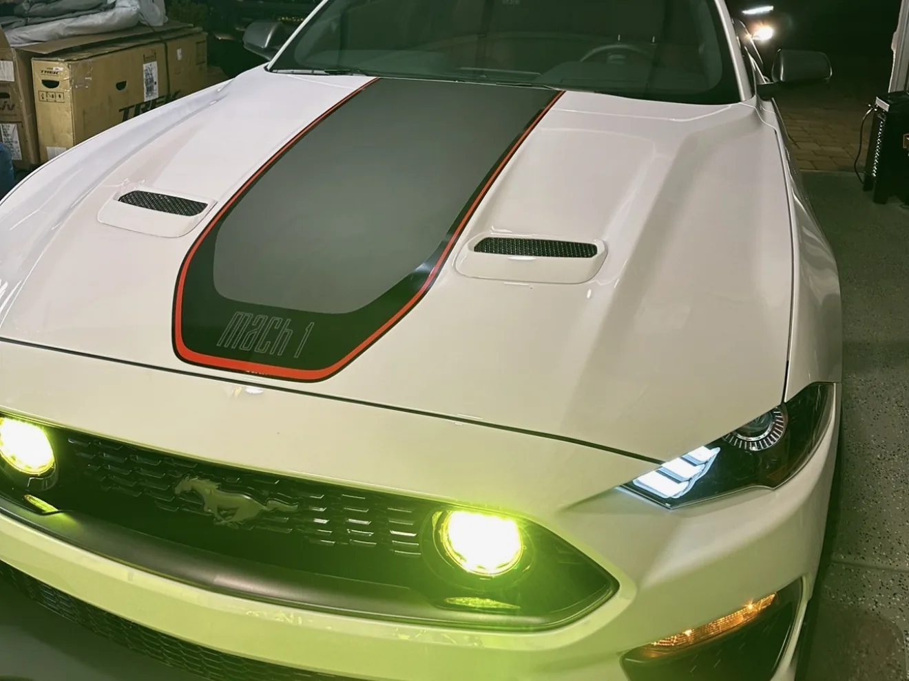 Ford Mustang Mach 1 black hood stripe with orange pinstripe installed by WrappStarr, Tucson