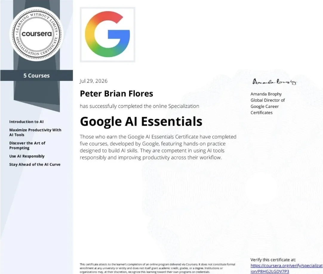 Google/Coursera certificate: Google AI Essentials Specialization, Peter Brian Flores