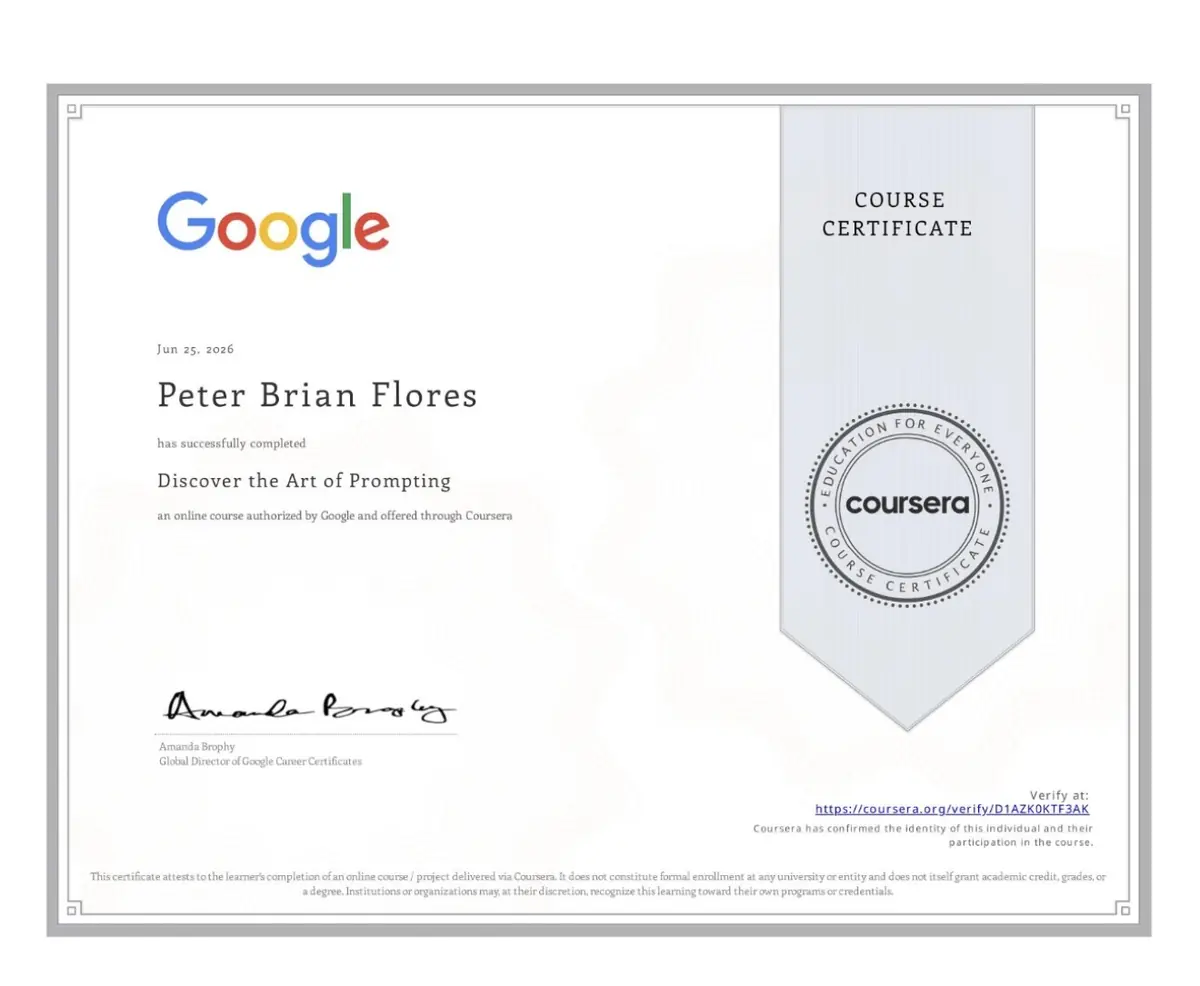 Google/Coursera certificate: Discover the Art of Prompting, Peter Brian Flores