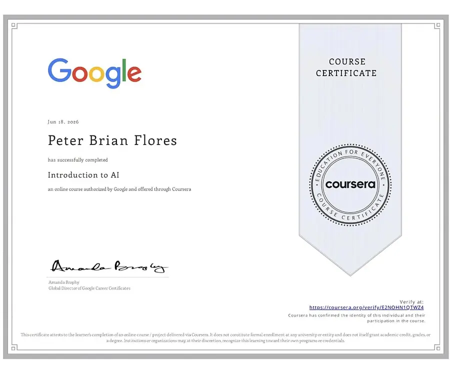 Google/Coursera certificate: Introduction to AI, Peter Brian Flores