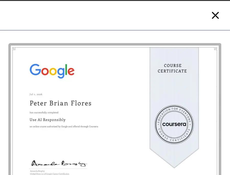 Google/Coursera certificate: Use AI Responsibly, Peter Brian Flores