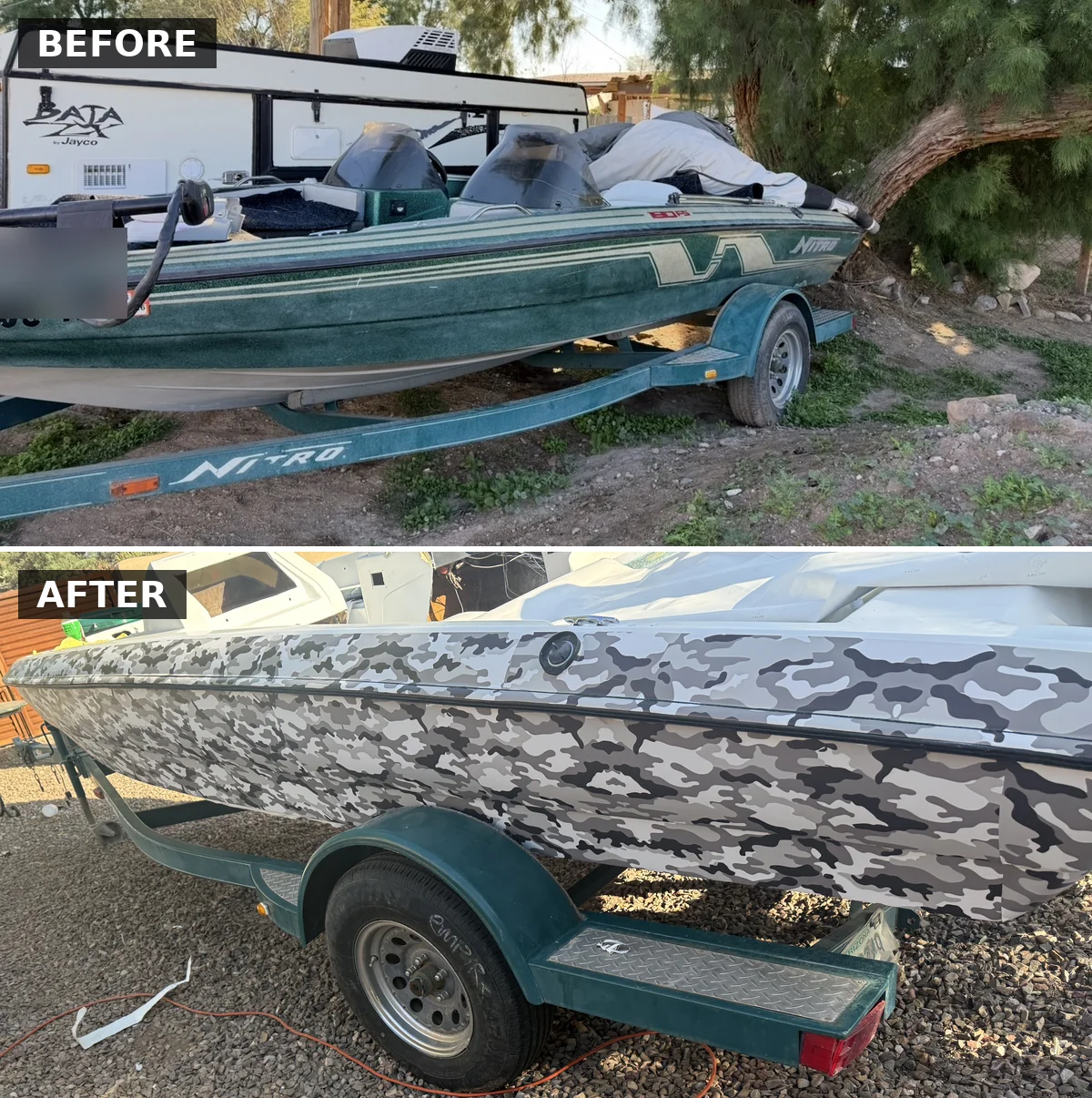Nitro bass boat before and after camo wrap, side by side comparison