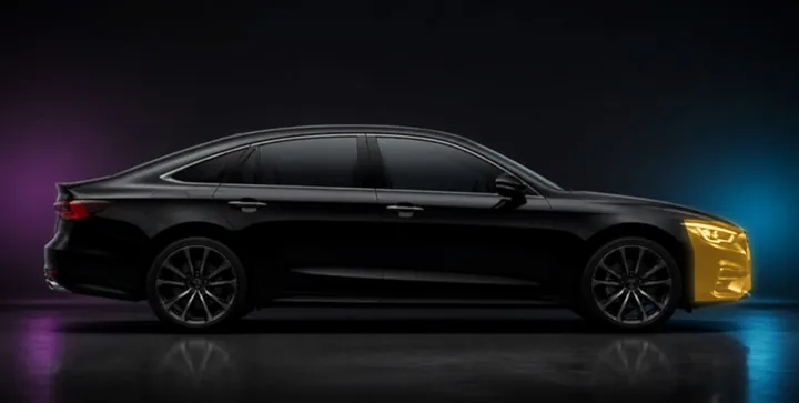 Sedan with the front bumper highlighted: about 5 ft x 10 ft of vinyl